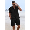 image:imageCOOFANDY Mens Summer Beach Outfits 2 Piece Short Sleeve Shirts and Shorts Vacation Texture Linen Sets for MenBlack