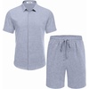 image:imageCOOFANDY Mens Summer Beach Outfits 2 Piece Short Sleeve Shirts and Shorts Vacation Texture Linen Sets for MenBlue