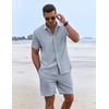 image:imageCOOFANDY Mens Summer Beach Outfits 2 Piece Short Sleeve Shirts and Shorts Vacation Texture Linen Sets for MenBlue