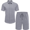 image:imageCOOFANDY Mens Summer Beach Outfits 2 Piece Short Sleeve Shirts and Shorts Vacation Texture Linen Sets for MenDark Blue Grey