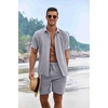 image:imageCOOFANDY Mens Summer Beach Outfits 2 Piece Short Sleeve Shirts and Shorts Vacation Texture Linen Sets for MenDark Blue Grey