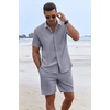image:imageCOOFANDY Mens Summer Beach Outfits 2 Piece Short Sleeve Shirts and Shorts Vacation Texture Linen Sets for MenDark Blue Grey