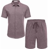 image:imageCOOFANDY Mens Summer Beach Outfits 2 Piece Short Sleeve Shirts and Shorts Vacation Texture Linen Sets for MenDark Red