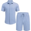 image:imageCOOFANDY Mens Summer Beach Outfits 2 Piece Short Sleeve Shirts and Shorts Vacation Texture Linen Sets for MenDenim Blue