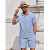 image:imageCOOFANDY Mens Summer Beach Outfits 2 Piece Short Sleeve Shirts and Shorts Vacation Texture Linen Sets for MenDenim Blue