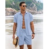 image:imageCOOFANDY Mens Summer Beach Outfits 2 Piece Short Sleeve Shirts and Shorts Vacation Texture Linen Sets for MenDenim Blue