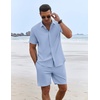 image:imageCOOFANDY Mens Summer Beach Outfits 2 Piece Short Sleeve Shirts and Shorts Vacation Texture Linen Sets for MenDenim Blue