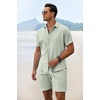 image:imageCOOFANDY Mens Summer Beach Outfits 2 Piece Short Sleeve Shirts and Shorts Vacation Texture Linen Sets for MenGreen