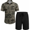 image:imageCOOFANDY Mens Summer Beach Outfits 2 Piece Short Sleeve Shirts and Shorts Vacation Texture Linen Sets for MenGrey Green