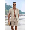 image:imageCOOFANDY Mens Summer Beach Outfits 2 Piece Short Sleeve Shirts and Shorts Vacation Texture Linen Sets for MenKhaki