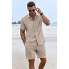 image:imageCOOFANDY Mens Summer Beach Outfits 2 Piece Short Sleeve Shirts and Shorts Vacation Texture Linen Sets for MenKhaki