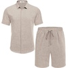 image:imageCOOFANDY Mens Summer Beach Outfits 2 Piece Short Sleeve Shirts and Shorts Vacation Texture Linen Sets for MenKhaki