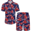 image:imageCOOFANDY Mens Summer Beach Outfits 2 Piece Short Sleeve Shirts and Shorts Vacation Texture Linen Sets for MenLeavesnavy Blue