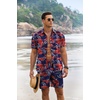 image:imageCOOFANDY Mens Summer Beach Outfits 2 Piece Short Sleeve Shirts and Shorts Vacation Texture Linen Sets for MenLeavesnavy Blue