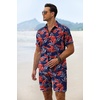 image:imageCOOFANDY Mens Summer Beach Outfits 2 Piece Short Sleeve Shirts and Shorts Vacation Texture Linen Sets for MenLeavesnavy Blue