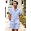 image:imageCOOFANDY Mens Summer Beach Outfits 2 Piece Short Sleeve Shirts and Shorts Vacation Texture Linen Sets for MenLight Blue