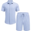 image:imageCOOFANDY Mens Summer Beach Outfits 2 Piece Short Sleeve Shirts and Shorts Vacation Texture Linen Sets for MenLight Blue