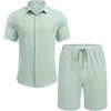 image:imageCOOFANDY Mens Summer Beach Outfits 2 Piece Short Sleeve Shirts and Shorts Vacation Texture Linen Sets for MenLight Green