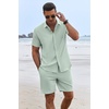 image:imageCOOFANDY Mens Summer Beach Outfits 2 Piece Short Sleeve Shirts and Shorts Vacation Texture Linen Sets for MenLight Green