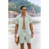 image:imageCOOFANDY Mens Summer Beach Outfits 2 Piece Short Sleeve Shirts and Shorts Vacation Texture Linen Sets for MenLight Green