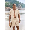 image:imageCOOFANDY Mens Summer Beach Outfits 2 Piece Short Sleeve Shirts and Shorts Vacation Texture Linen Sets for MenLight Khaki