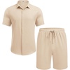 image:imageCOOFANDY Mens Summer Beach Outfits 2 Piece Short Sleeve Shirts and Shorts Vacation Texture Linen Sets for MenLight Khaki