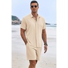 image:imageCOOFANDY Mens Summer Beach Outfits 2 Piece Short Sleeve Shirts and Shorts Vacation Texture Linen Sets for MenLight Khaki
