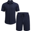 image:imageCOOFANDY Mens Summer Beach Outfits 2 Piece Short Sleeve Shirts and Shorts Vacation Texture Linen Sets for MenNavy Blue