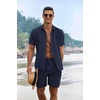 image:imageCOOFANDY Mens Summer Beach Outfits 2 Piece Short Sleeve Shirts and Shorts Vacation Texture Linen Sets for MenNavy Blue
