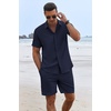 image:imageCOOFANDY Mens Summer Beach Outfits 2 Piece Short Sleeve Shirts and Shorts Vacation Texture Linen Sets for MenNavy Blue