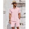 image:imageCOOFANDY Mens Summer Beach Outfits 2 Piece Short Sleeve Shirts and Shorts Vacation Texture Linen Sets for MenPink