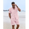 image:imageCOOFANDY Mens Summer Beach Outfits 2 Piece Short Sleeve Shirts and Shorts Vacation Texture Linen Sets for MenPink
