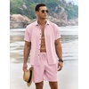 image:imageCOOFANDY Mens Summer Beach Outfits 2 Piece Short Sleeve Shirts and Shorts Vacation Texture Linen Sets for MenPink