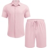 image:imageCOOFANDY Mens Summer Beach Outfits 2 Piece Short Sleeve Shirts and Shorts Vacation Texture Linen Sets for MenPink