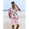 image:imageCOOFANDY Mens Summer Beach Outfits 2 Piece Short Sleeve Shirts and Shorts Vacation Texture Linen Sets for MenPink Leaf