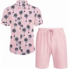 image:imageCOOFANDY Mens Summer Beach Outfits 2 Piece Short Sleeve Shirts and Shorts Vacation Texture Linen Sets for MenPink Leaf