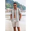 image:imageCOOFANDY Mens Summer Beach Outfits 2 Piece Short Sleeve Shirts and Shorts Vacation Texture Linen Sets for MenStripe