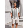 image:imageCOOFANDY Mens Summer Beach Outfits 2 Piece Short Sleeve Shirts and Shorts Vacation Texture Linen Sets for MenStripe