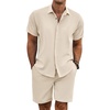 image:imageCOOFANDY Mens Summer Beach Outfits 2 Piece Short Sleeve Shirts and Shorts Vacation Texture Linen Sets for MenBeige