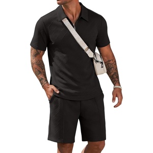 image:imageCOOFANDY Men Short Sets 2 Piece Outfits Casual Quarter Zip Polo Shorts Sets Textured Summer Outfits Fashion Tracksuit GolfBlack