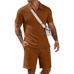 image:imageCOOFANDY Men Short Sets 2 Piece Outfits Casual Quarter Zip Polo Shorts Sets Textured Summer Outfits Fashion Tracksuit GolfLight Brown