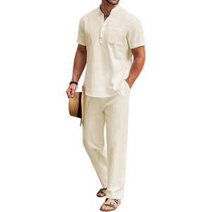 image:imageCOOFANDY Mens 2 Pieces Cotton Linen Set Casual Short Sleeve Henley Shirts Beach Yoga Pants Summer OutfitsBeige