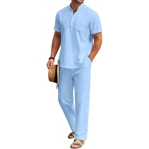 image:imageCOOFANDY Mens 2 Pieces Cotton Linen Set Casual Short Sleeve Henley Shirts Beach Yoga Pants Summer OutfitsBlue