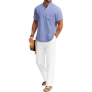 image:imageCOOFANDY Mens 2 Pieces Cotton Linen Set Casual Short Sleeve Henley Shirts Beach Yoga Pants Summer OutfitsBlue Striped