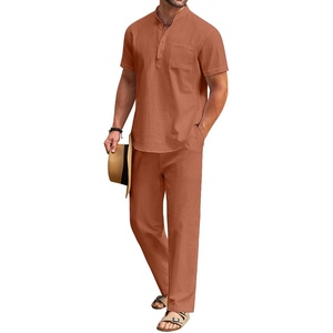 image:imageCOOFANDY Mens 2 Pieces Cotton Linen Set Casual Short Sleeve Henley Shirts Beach Yoga Pants Summer OutfitsCaramel