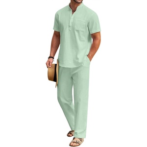 image:imageCOOFANDY Mens 2 Pieces Cotton Linen Set Casual Short Sleeve Henley Shirts Beach Yoga Pants Summer OutfitsGreen