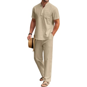 image:imageCOOFANDY Mens 2 Pieces Cotton Linen Set Casual Short Sleeve Henley Shirts Beach Yoga Pants Summer OutfitsKhaki