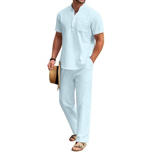 image:imageCOOFANDY Mens 2 Pieces Cotton Linen Set Casual Short Sleeve Henley Shirts Beach Yoga Pants Summer OutfitsLight Blue