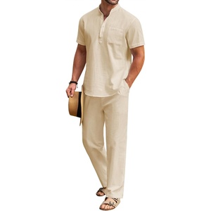 image:imageCOOFANDY Mens 2 Pieces Cotton Linen Set Casual Short Sleeve Henley Shirts Beach Yoga Pants Summer OutfitsLight Khaki