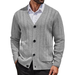 image:imageCOOFANDY Mens Cardigan Sweater Cable Knit V Neck Button up Sweaters Ribbed Cardigan Sweater with PocketsLight Grey